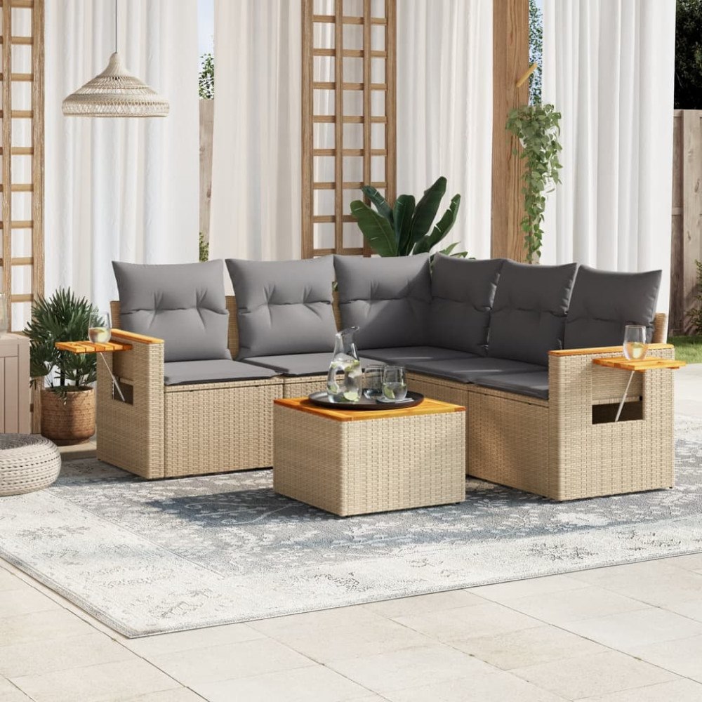 vidaXL Soffgrupp för trädgården med dynor 6 delar beige konstrotting