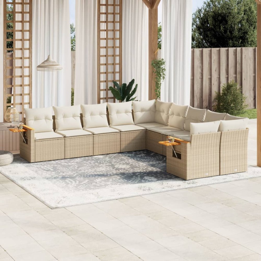 vidaXL Soffgrupp för trädgård med dynor 10 delar beige konstrotting