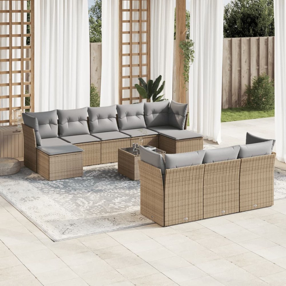 vidaXL Loungegrupp för trädgården m. dynor 11 delar beige konstrotting