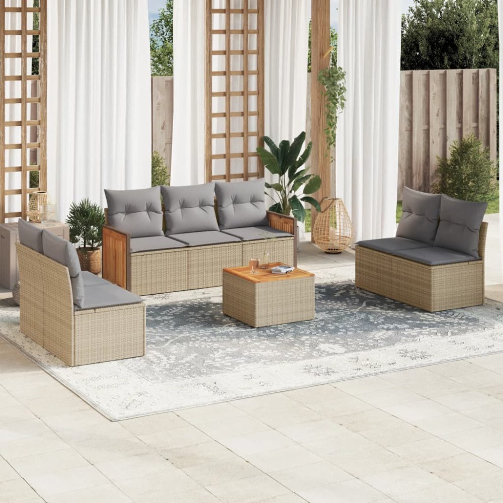 vidaXL Matgrupp för trädgården med dynor 8 delar beige konstrotting