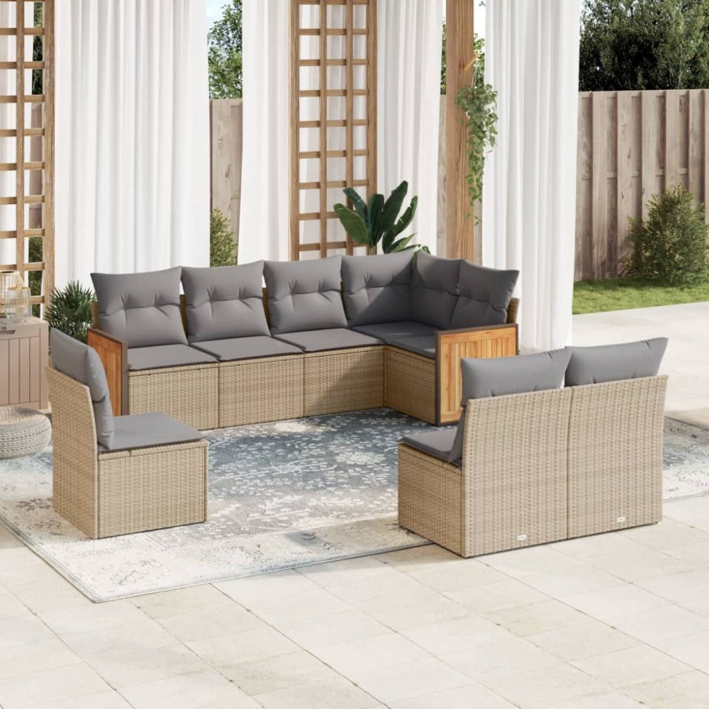 vidaXL Matgrupp för trädgården med dynor 8 delar beige konstrotting