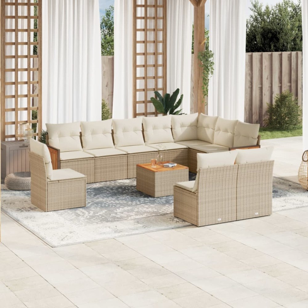 vidaXL Loungegrupp för trädgården m. dynor 11 delar beige konstrotting