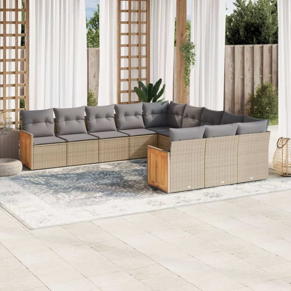 vidaXL Loungegrupp för trädgården m. dynor 11 delar beige konstrotting