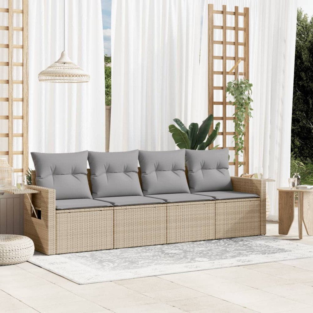 vidaXL Soffgrupp för trädgård med dynor 4 delar beige konstrotting