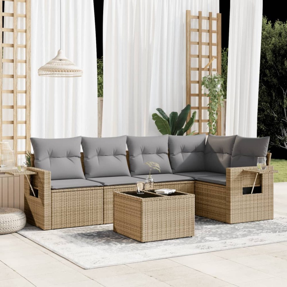 vidaXL Soffgrupp för trädgården med dynor 6 delar beige konstrotting