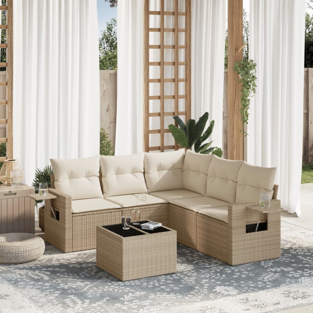 vidaXL Soffgrupp för trädgården med dynor 6 delar beige konstrotting