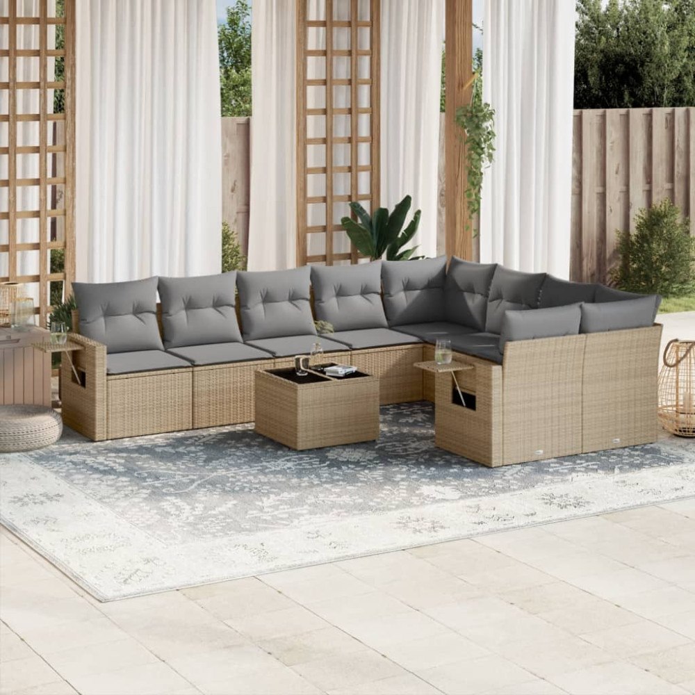 vidaXL Soffgrupp för trädgård med dynor 10 delar beige konstrotting