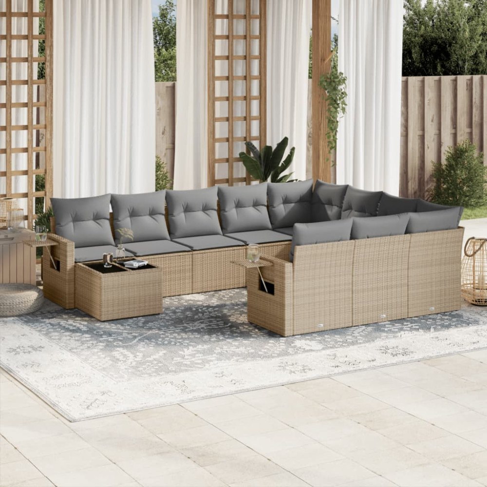 vidaXL Loungegrupp för trädgården m. dynor 11 delar beige konstrotting