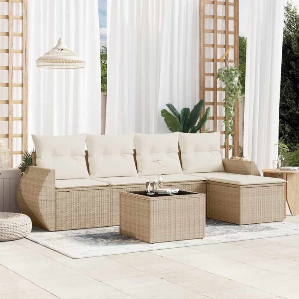 vidaXL Soffgrupp för trädgården med dynor 6 delar beige konstrotting