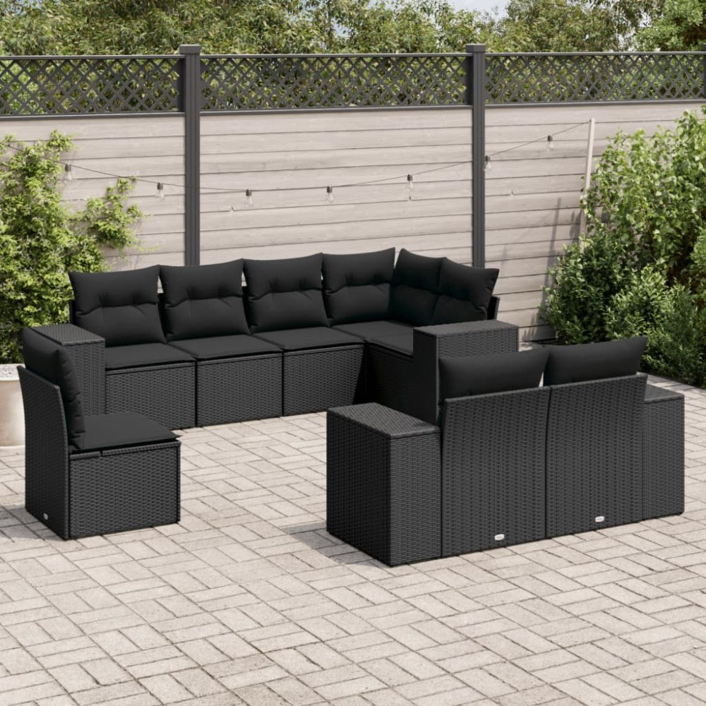 vidaXL Loungegrupp för trädgården med dynor 8 delar svart konstrotting