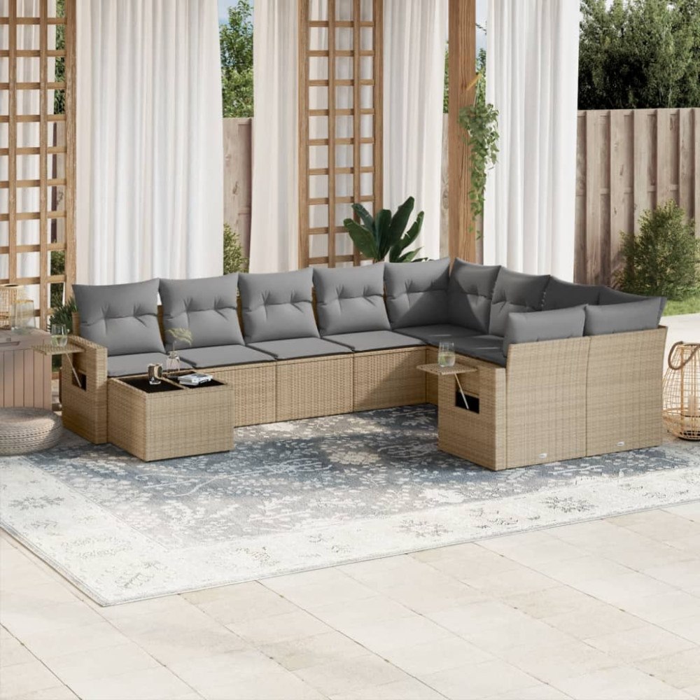 vidaXL Soffgrupp för trädgård med dynor 10 delar beige konstrotting