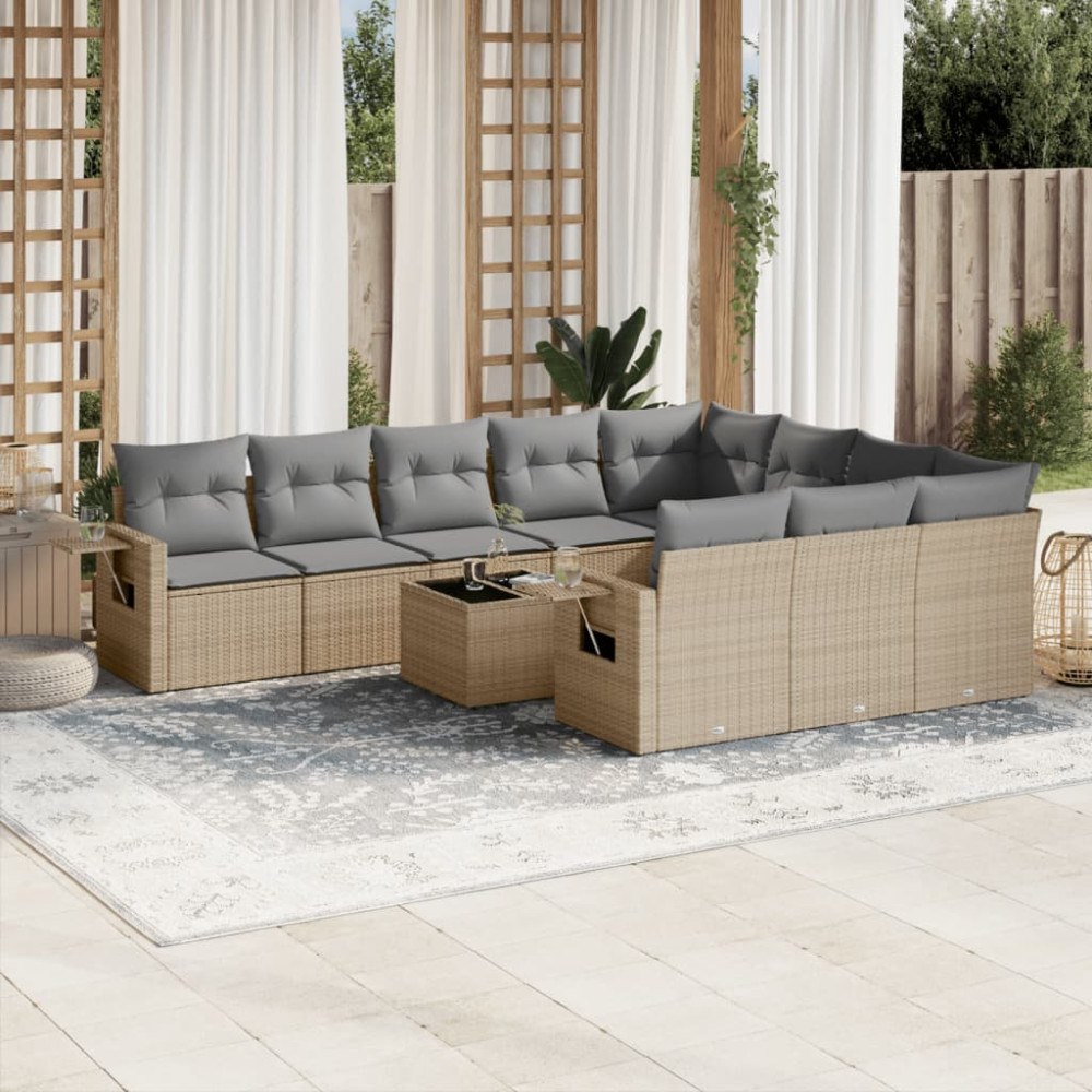 vidaXL Loungegrupp för trädgården m. dynor 11 delar beige konstrotting