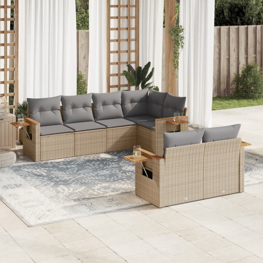 vidaXL Matgrupp för trädgården med dynor 7 delar beige konstrotting
