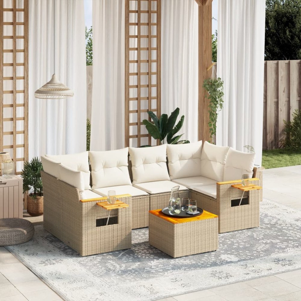 vidaXL Matgrupp för trädgården med dynor 7 delar beige konstrotting