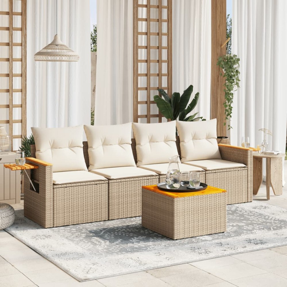 vidaXL Soffgrupp för trädgården med dynor 5 delar beige konstrotting
