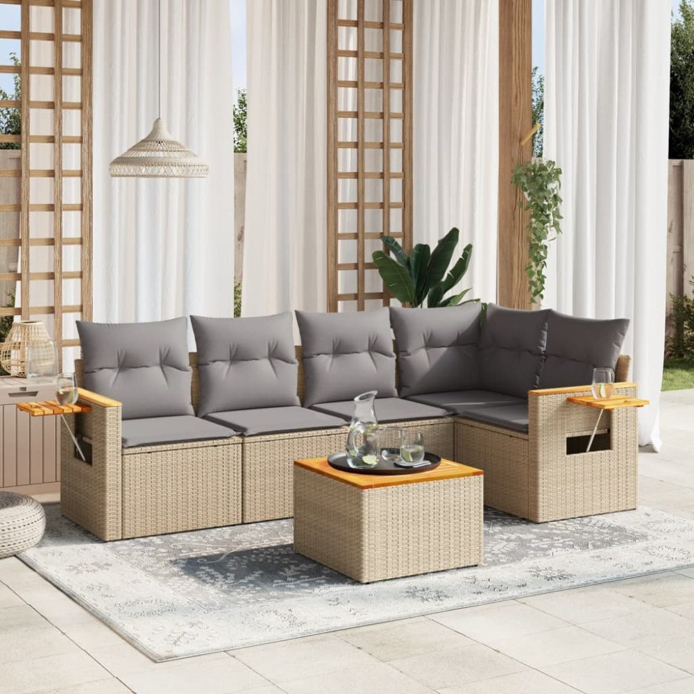 vidaXL Soffgrupp för trädgården med dynor 6 delar beige konstrotting