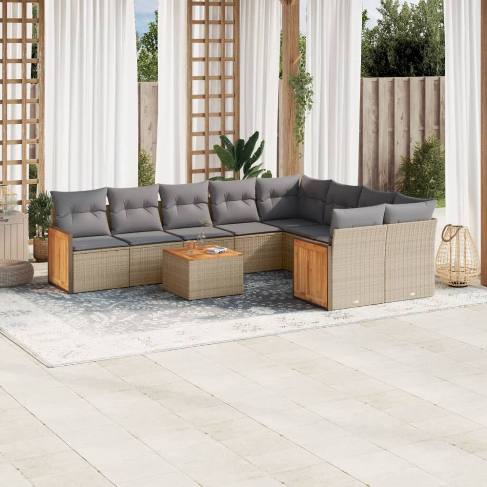 vidaXL Soffgrupp för trädgård med dynor 10 delar beige konstrotting
