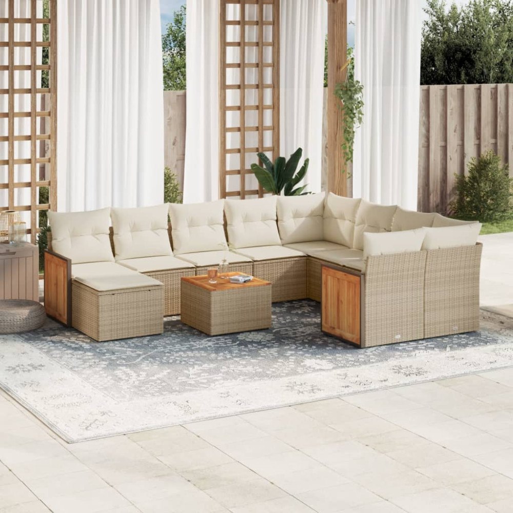 vidaXL Loungegrupp för trädgården m. dynor 11 delar beige konstrotting