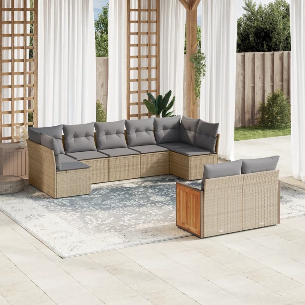 vidaXL Soffgrupp för trädgården med dynor 9 delar beige konstrotting