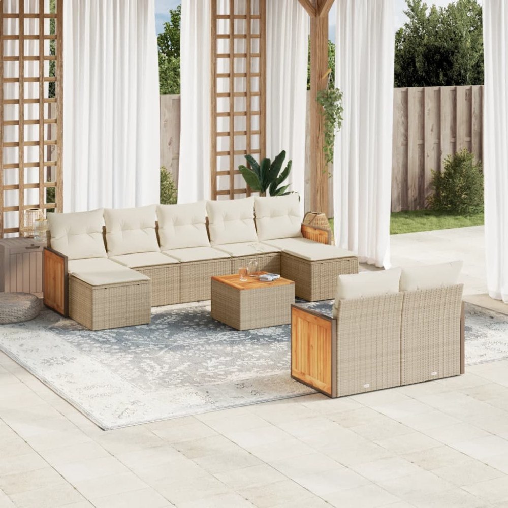 vidaXL Soffgrupp för trädgård med dynor 10 delar beige konstrotting