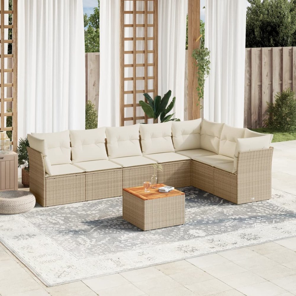 vidaXL Matgrupp för trädgården med dynor 8 delar beige konstrotting