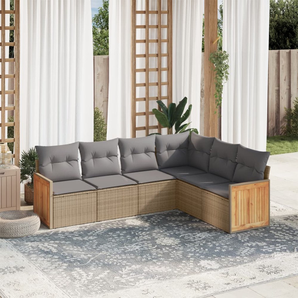 vidaXL Soffgrupp för trädgården med dynor 6 delar beige konstrotting