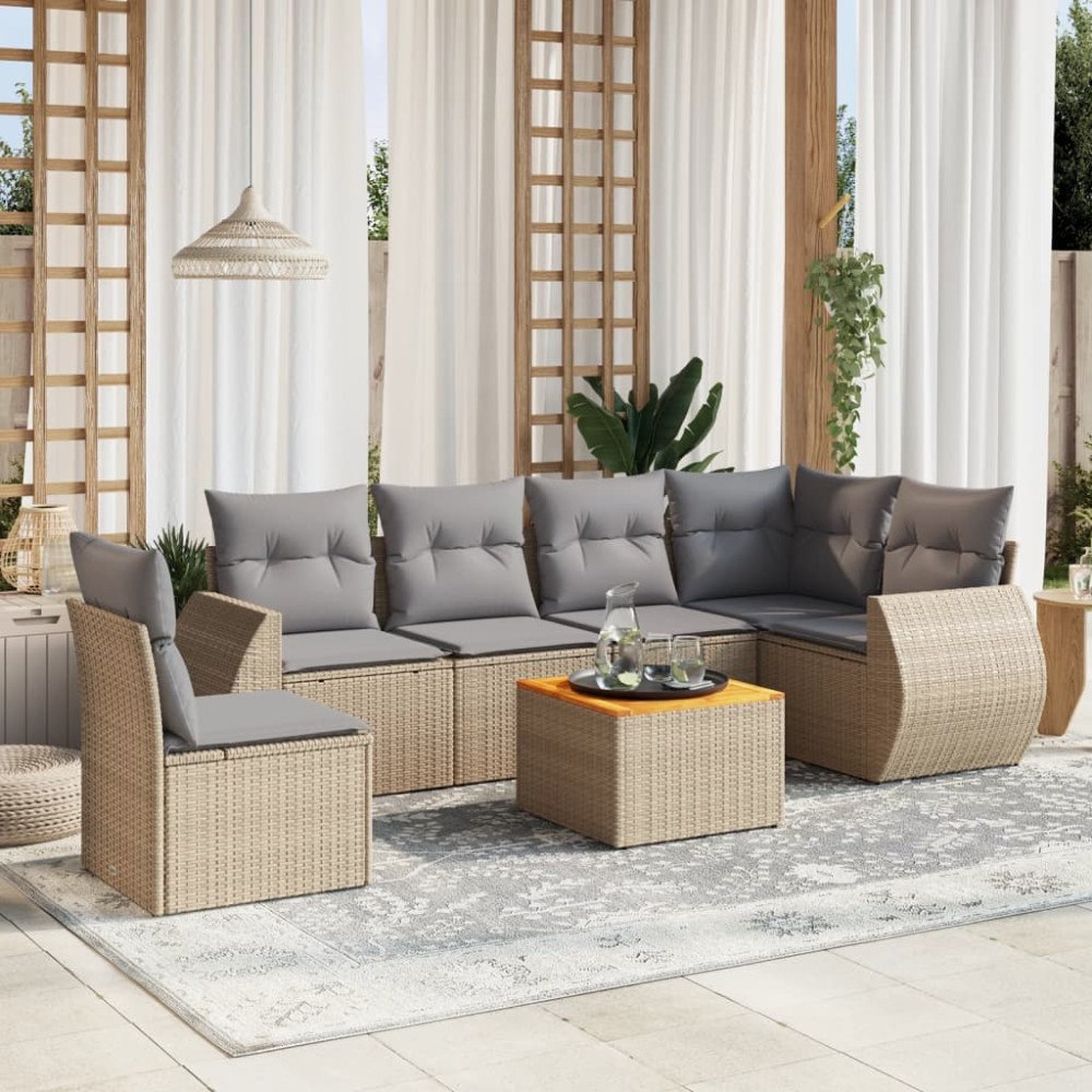 vidaXL Matgrupp för trädgården med dynor 7 delar beige konstrotting