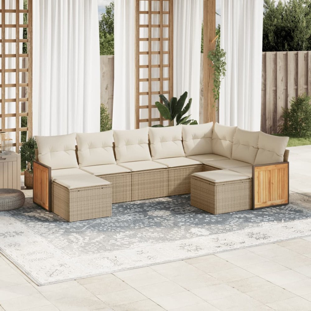 vidaXL Soffgrupp för trädgården med dynor 9 delar beige konstrotting