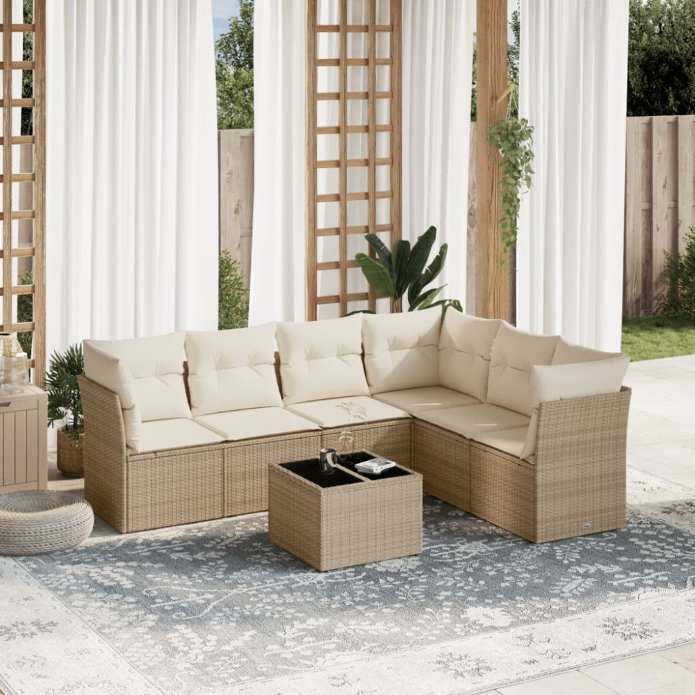 vidaXL Matgrupp för trädgården med dynor 7 delar beige konstrotting