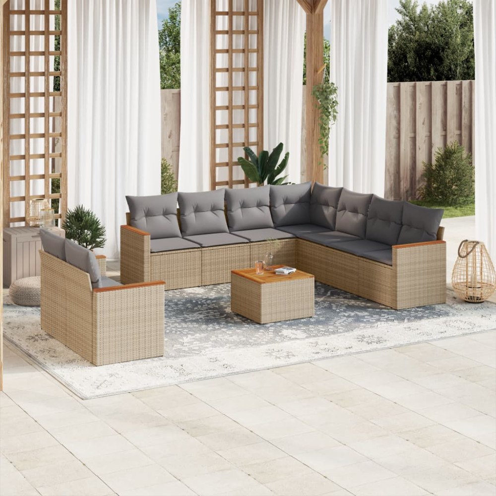 vidaXL Soffgrupp för trädgård med dynor 10 delar beige konstrotting
