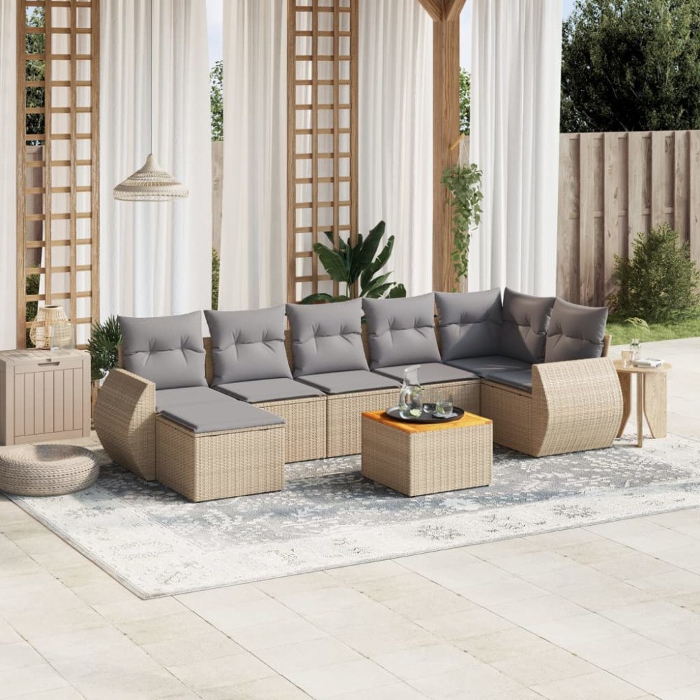 vidaXL Matgrupp för trädgården med dynor 8 delar beige konstrotting
