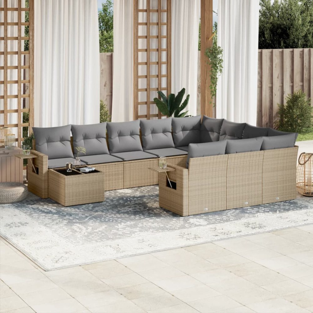 vidaXL Loungegrupp för trädgården m. dynor 11 delar beige konstrotting
