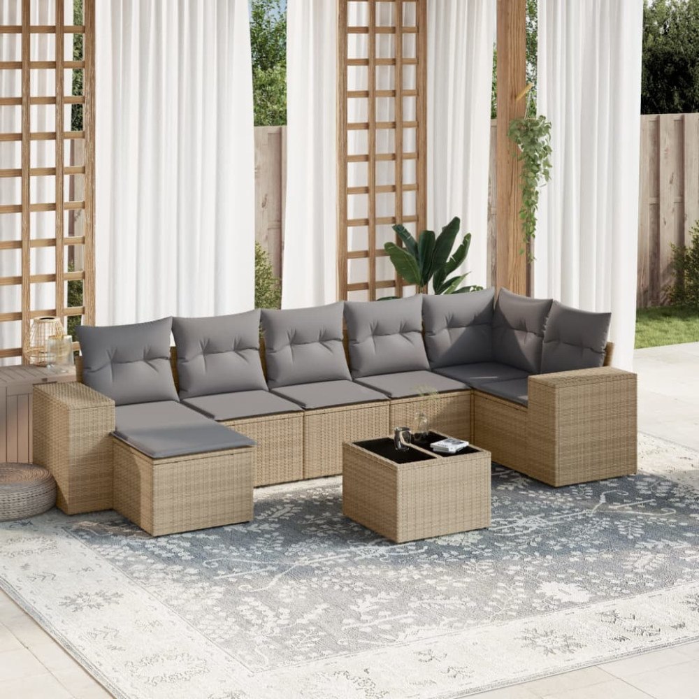 vidaXL Matgrupp för trädgården med dynor 8 delar beige konstrotting