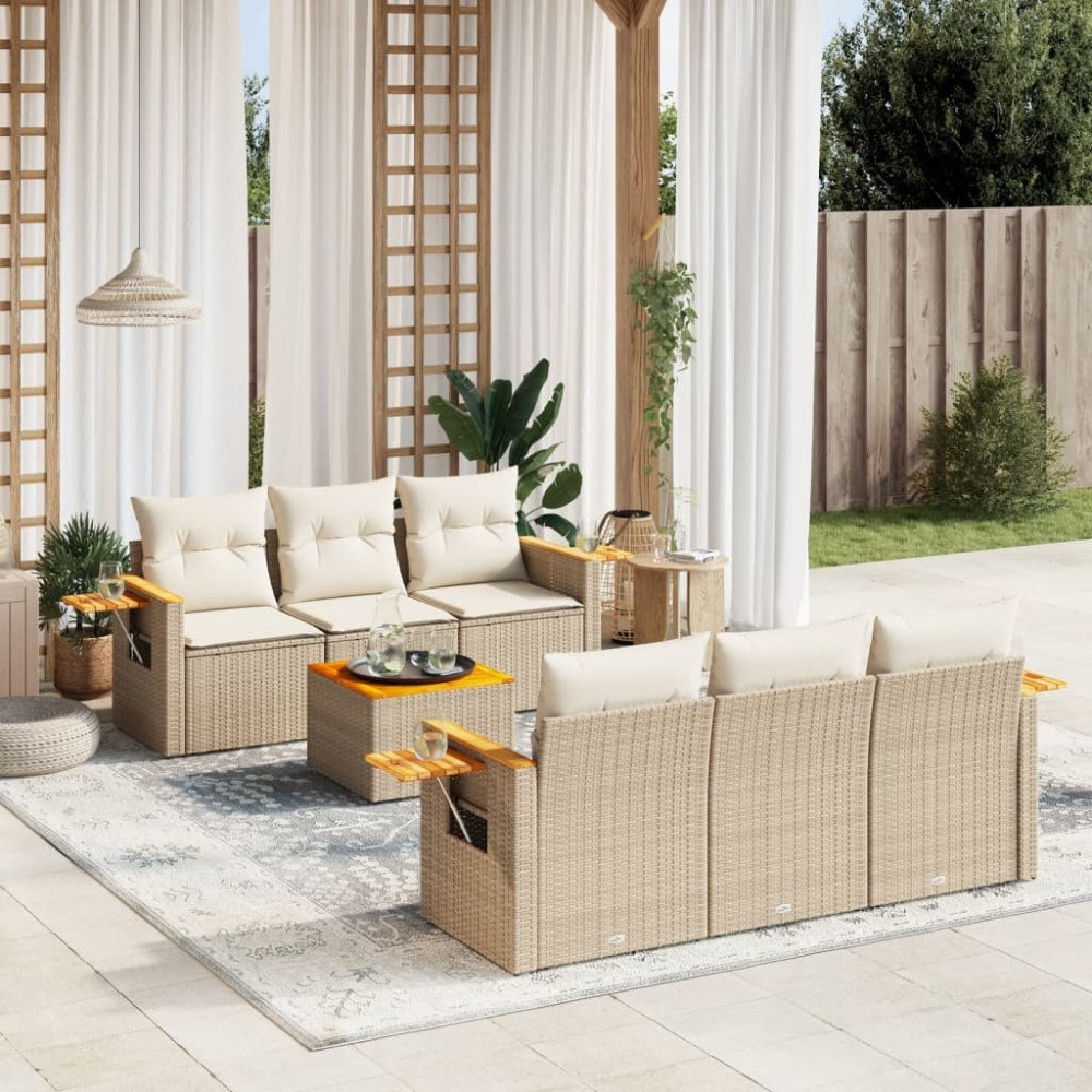vidaXL Matgrupp för trädgården med dynor 7 delar beige konstrotting