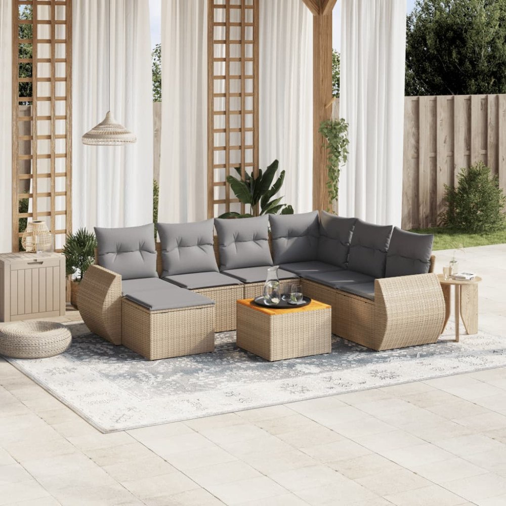 vidaXL Matgrupp för trädgården med dynor 8 delar beige konstrotting