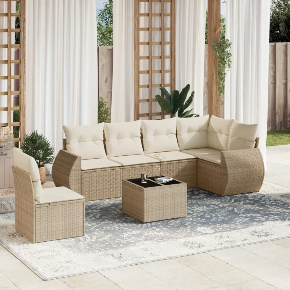 vidaXL Matgrupp för trädgården med dynor 7 delar beige konstrotting