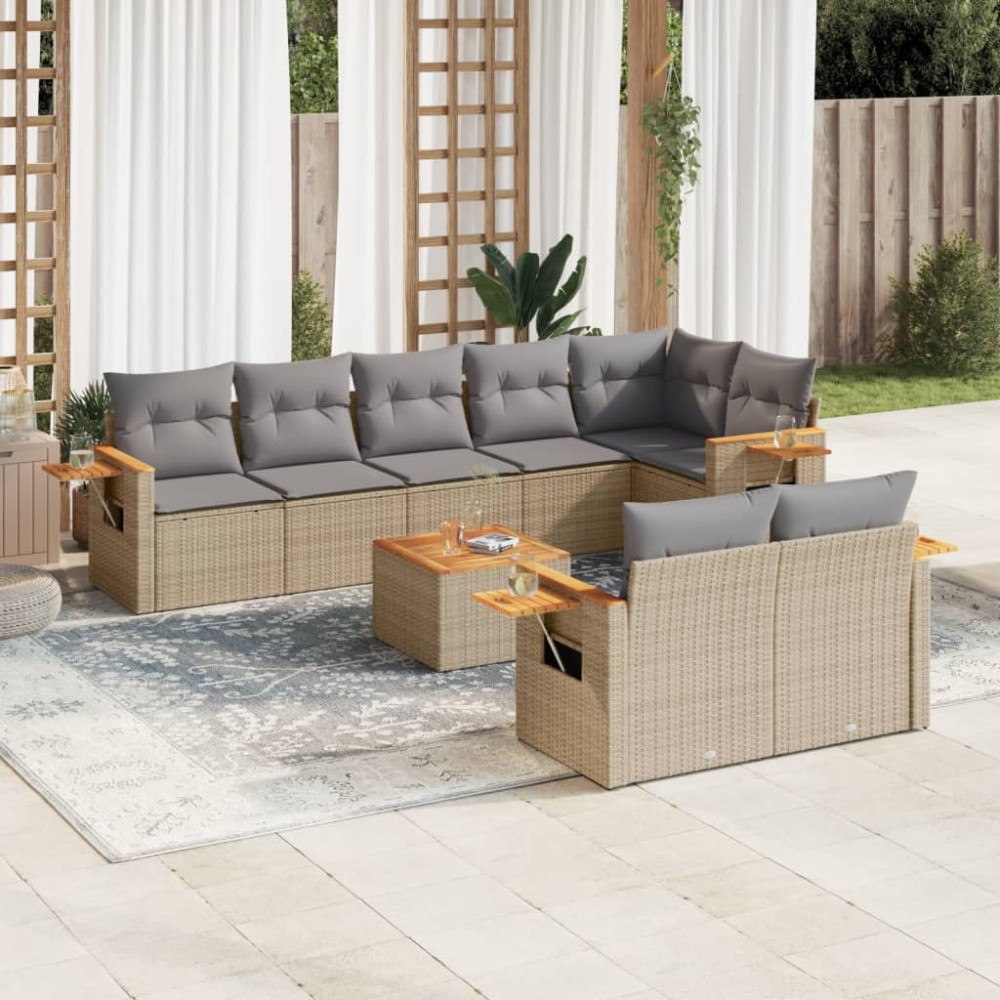 vidaXL Soffgrupp för trädgården med dynor 9 delar beige konstrotting