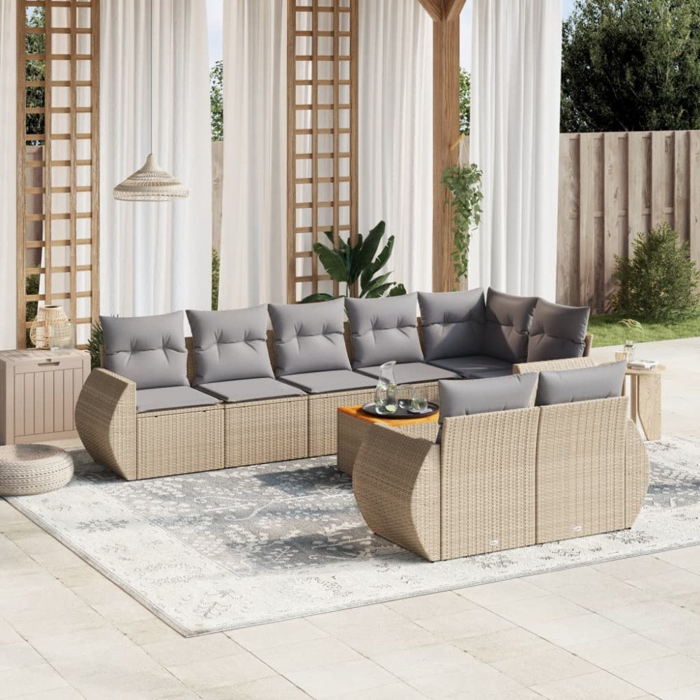 vidaXL Soffgrupp för trädgården med dynor 9 delar beige konstrotting