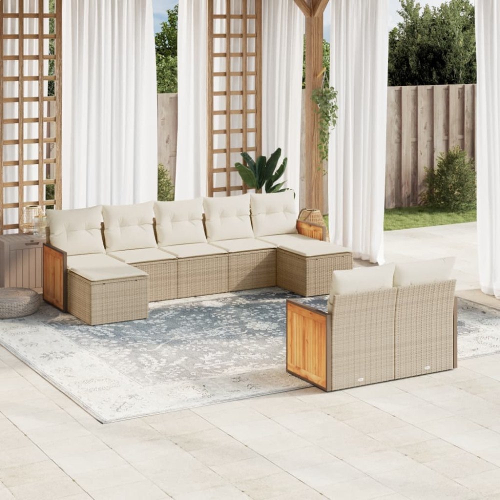 vidaXL Soffgrupp för trädgården med dynor 9 delar beige konstrotting