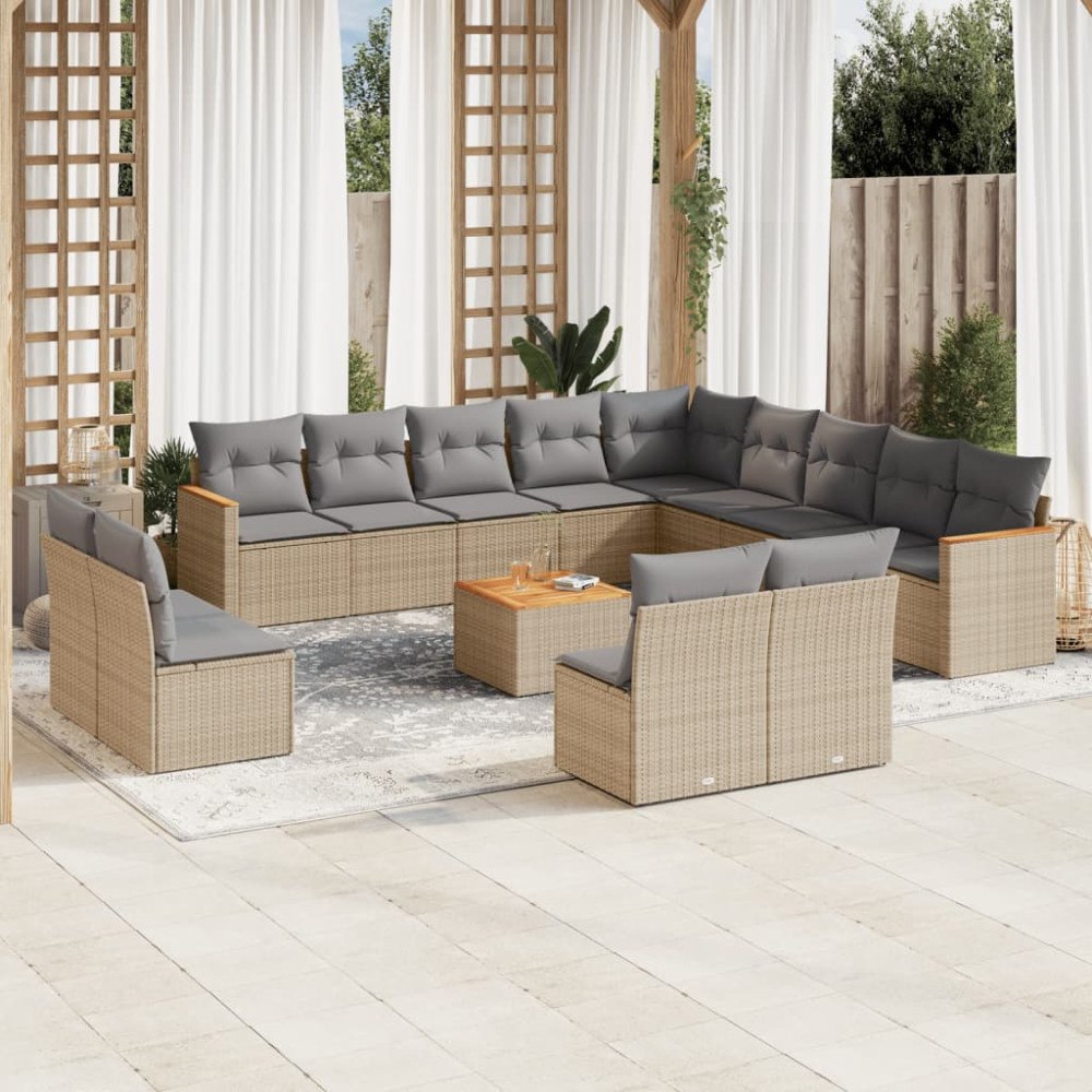 vidaXL Soffgrupp för trädgården 14 delar med dynor beige konstrotting