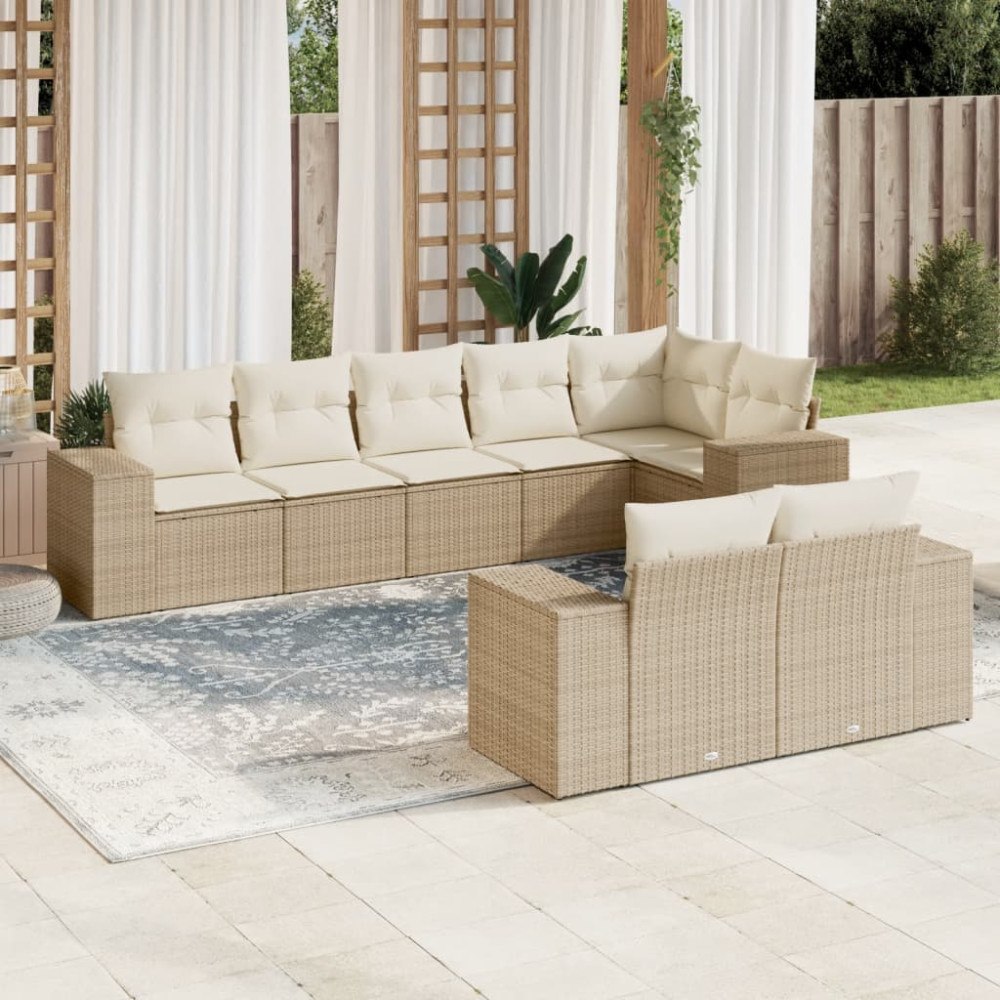 vidaXL Matgrupp för trädgården med dynor 8 delar beige konstrotting