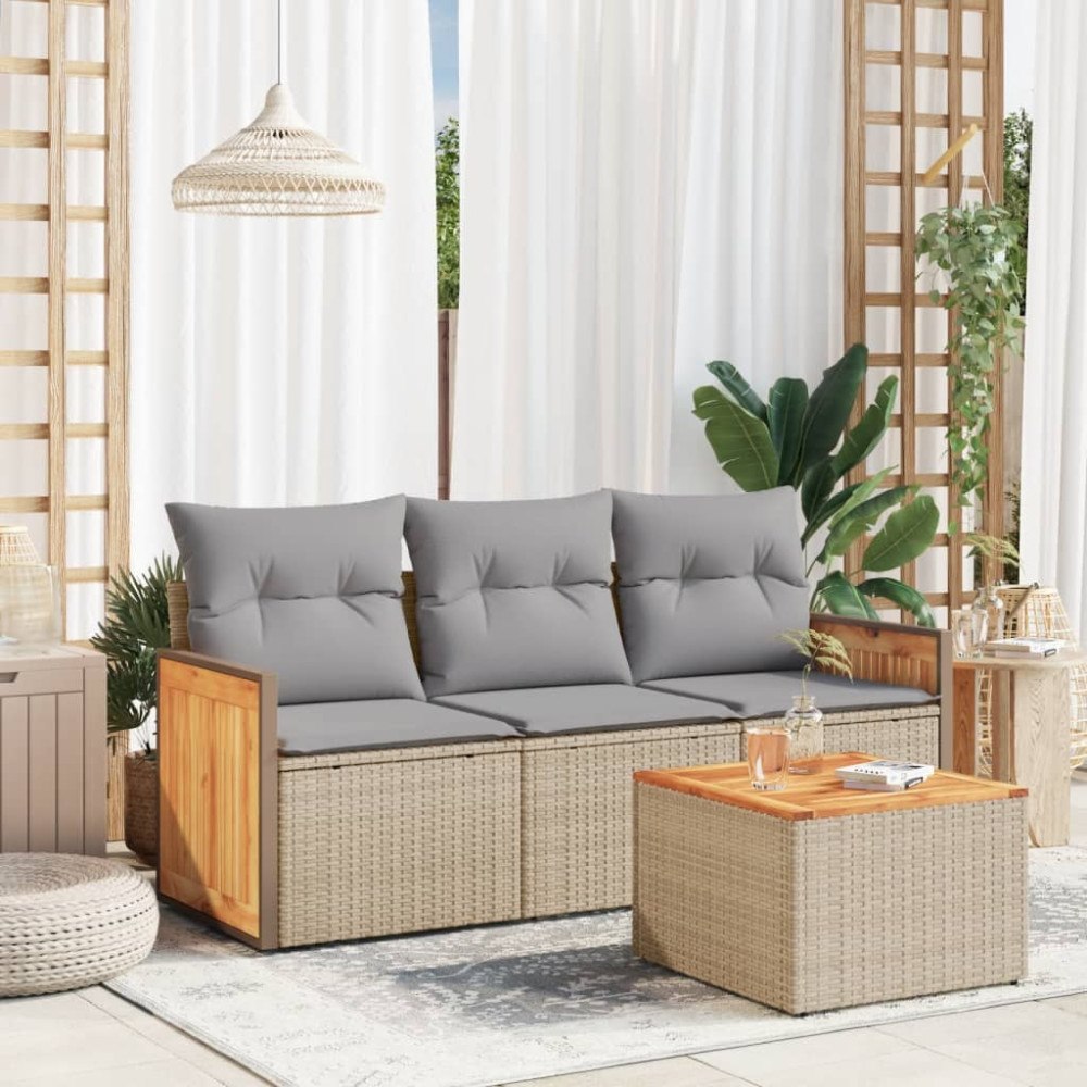 vidaXL Soffgrupp för trädgård med dynor 4 delar beige konstrotting