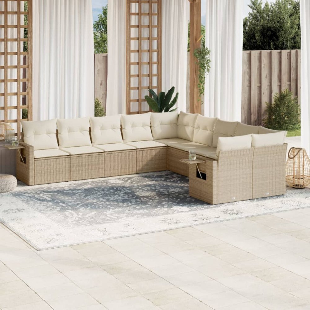 vidaXL Soffgrupp för trädgård med dynor 10 delar beige konstrotting