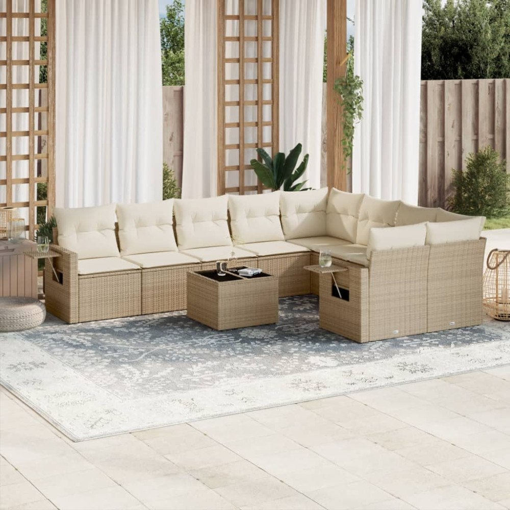 vidaXL Soffgrupp för trädgård med dynor 10 delar beige konstrotting