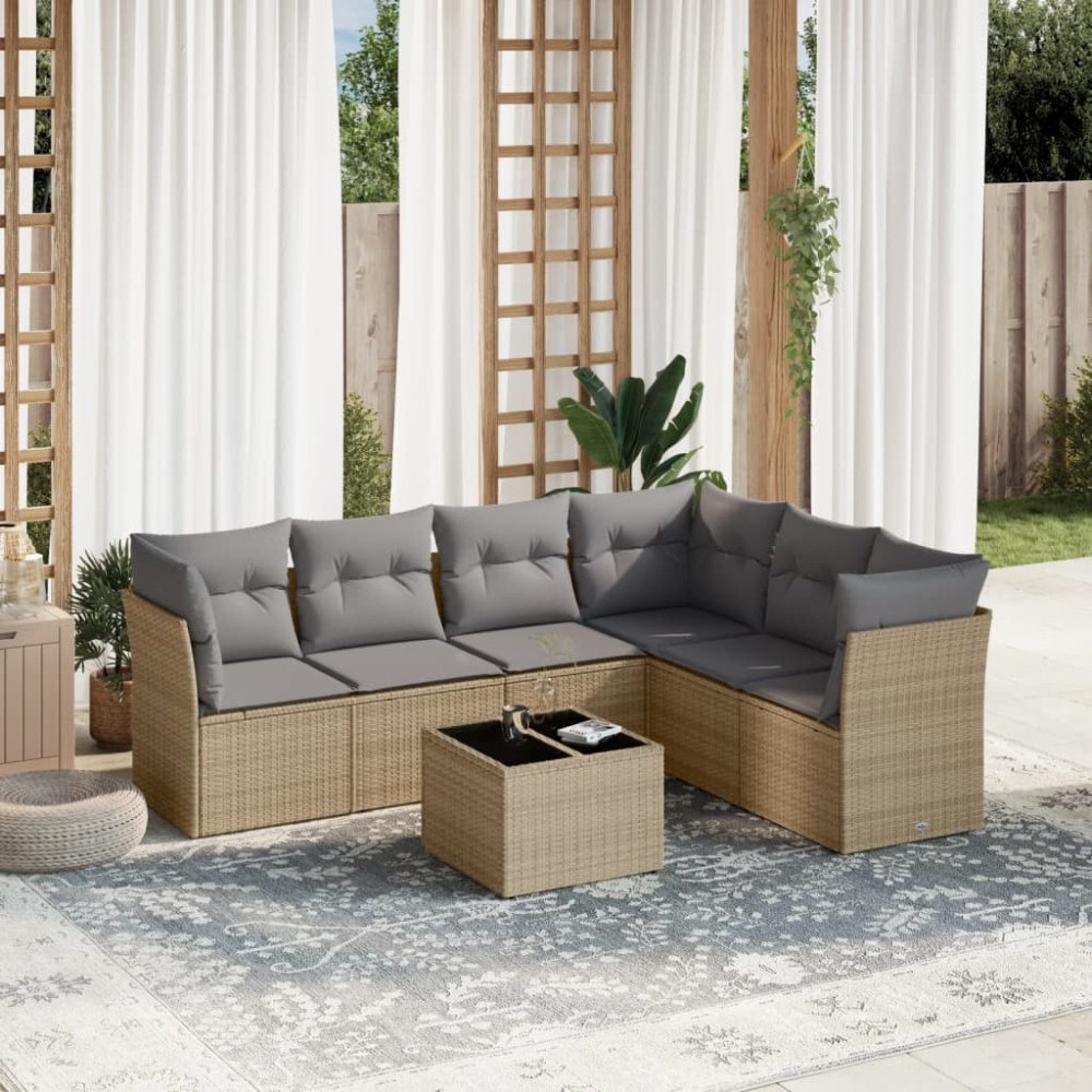 vidaXL Matgrupp för trädgården med dynor 7 delar beige konstrotting