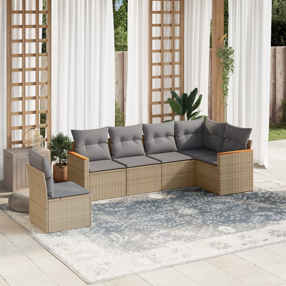 vidaXL Soffgrupp för trädgården med dynor 6 delar beige konstrotting
