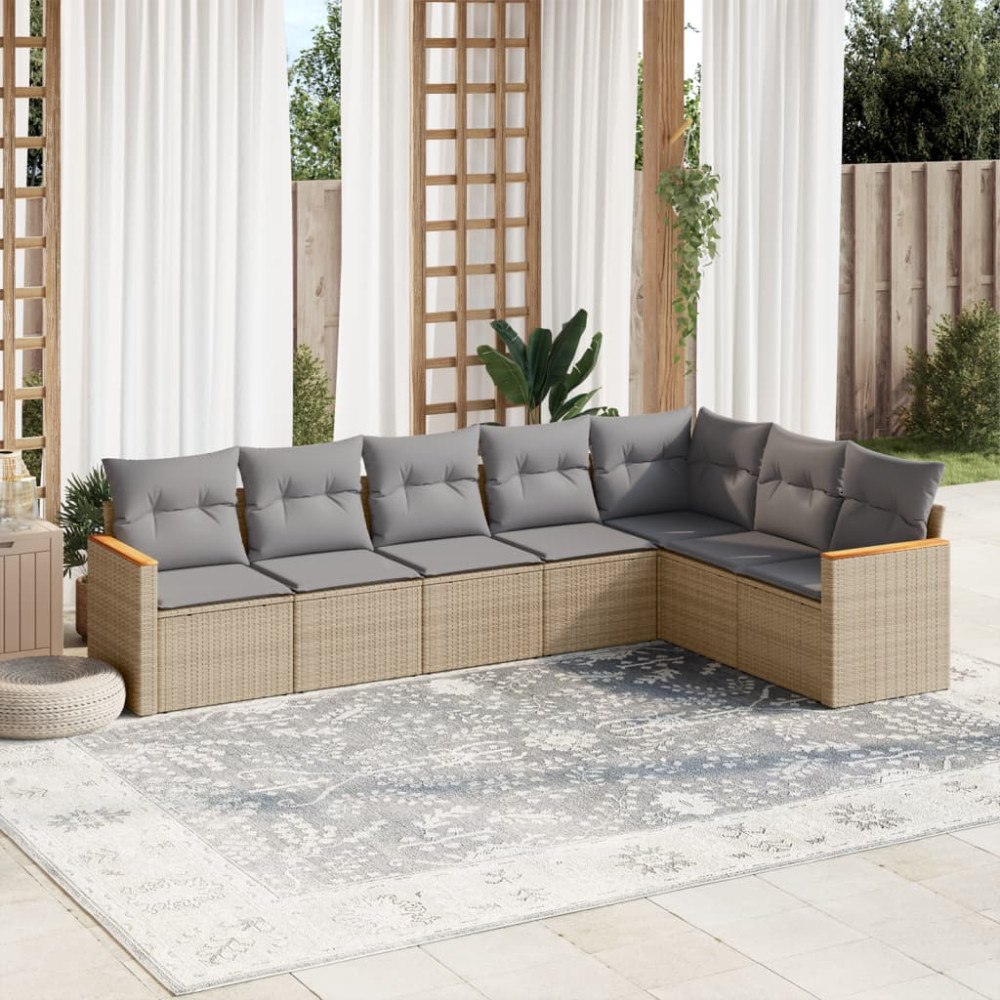 vidaXL Matgrupp för trädgården med dynor 7 delar beige konstrotting