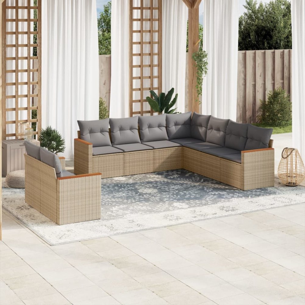 vidaXL Soffgrupp för trädgården med dynor 9 delar beige konstrotting