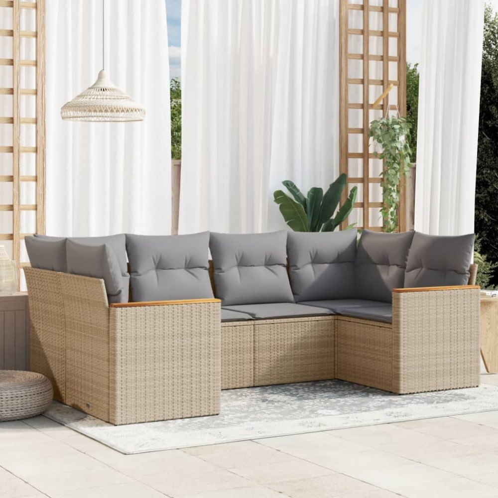 vidaXL Soffgrupp för trädgården med dynor 6 delar beige konstrotting