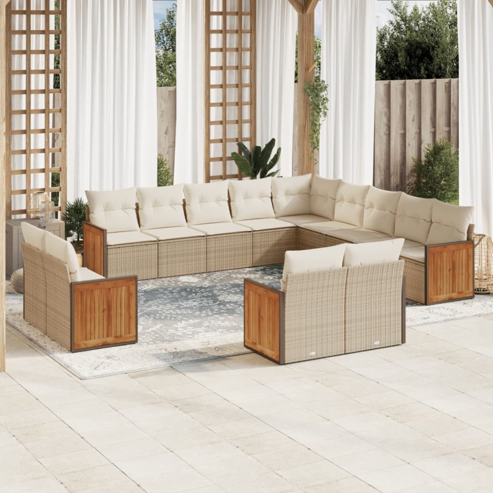 vidaXL Soffgrupp för trädgården med dynor 13 delar beige konstrotting
